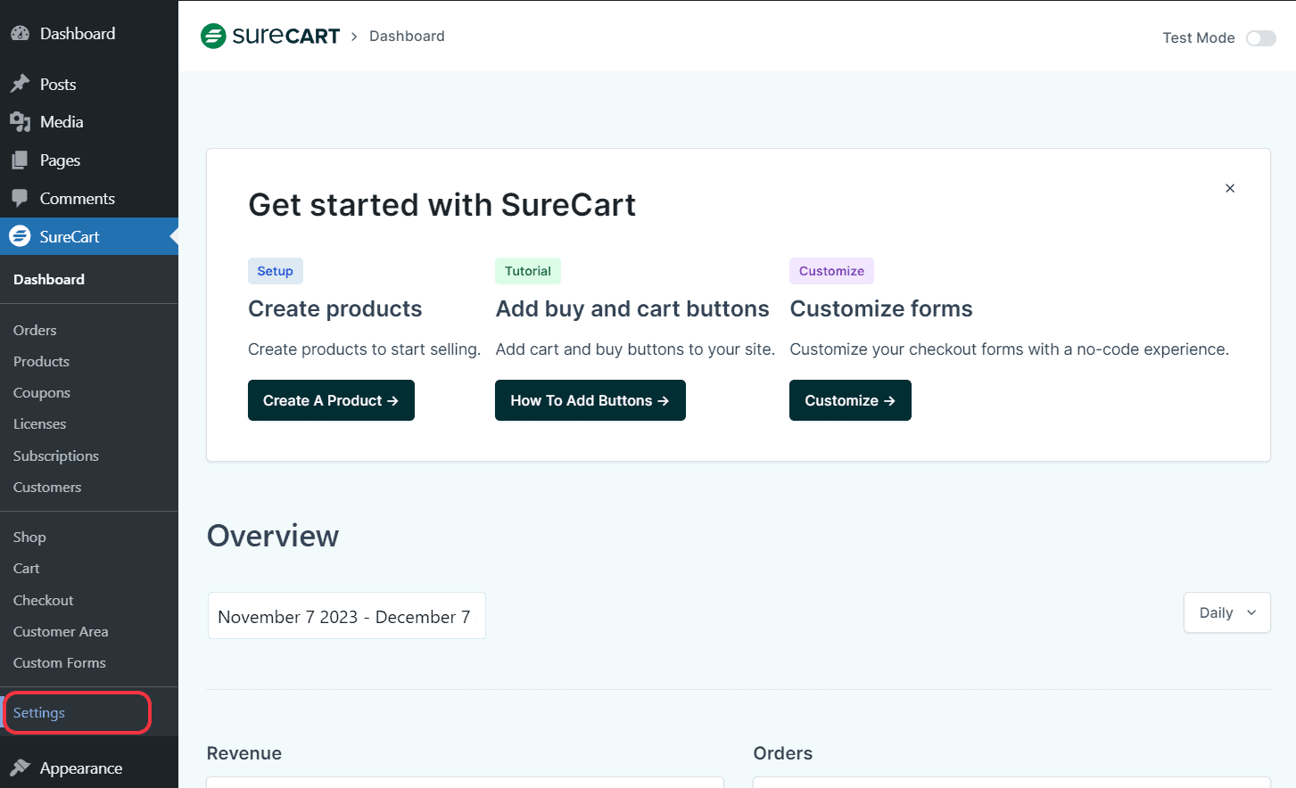 surecart settings in dashboard