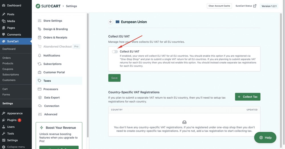 enable collect EU vat