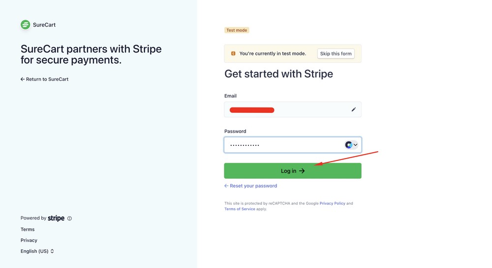 login to stripe