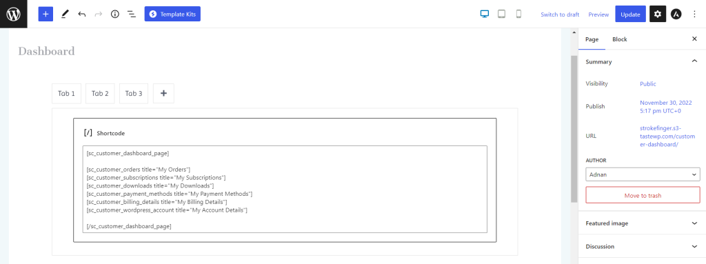 Paste customer dashboard shortcodes