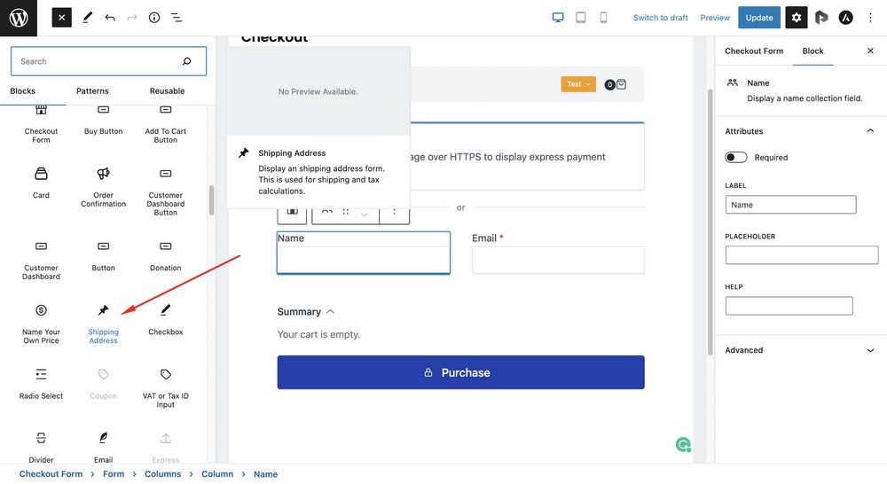 select the shipping address block