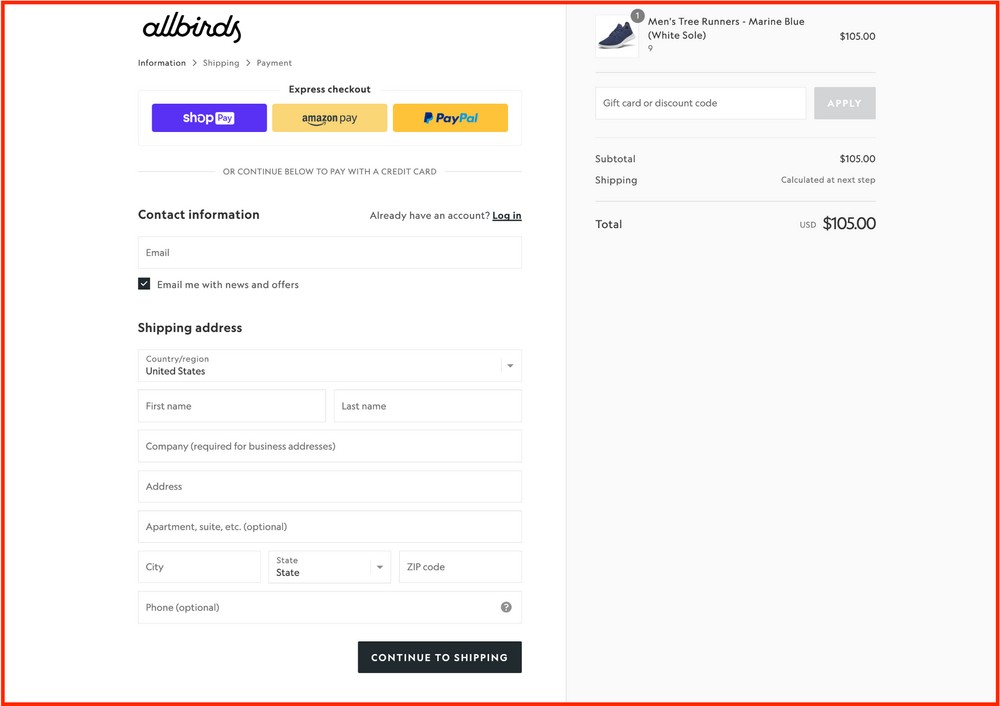 allbirds simple checkout form