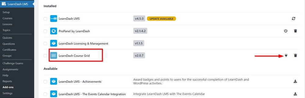 install and activate learndash grid addon