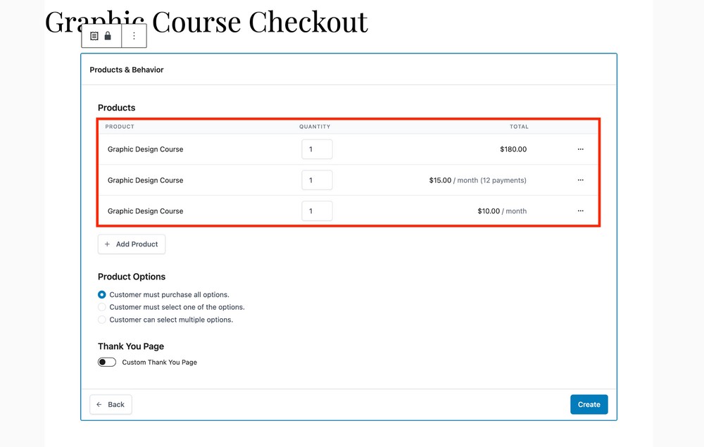 checkout form with multiple prices