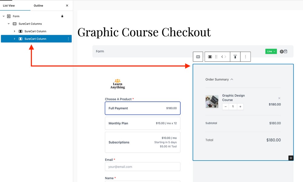 click on form column to see its setting area