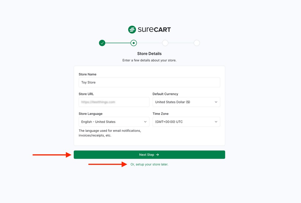 enter surecart store details