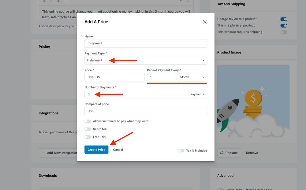 how to create installment price