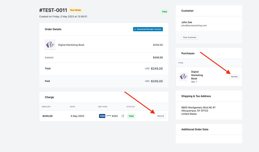 refund and revoke button inside view order - surecart