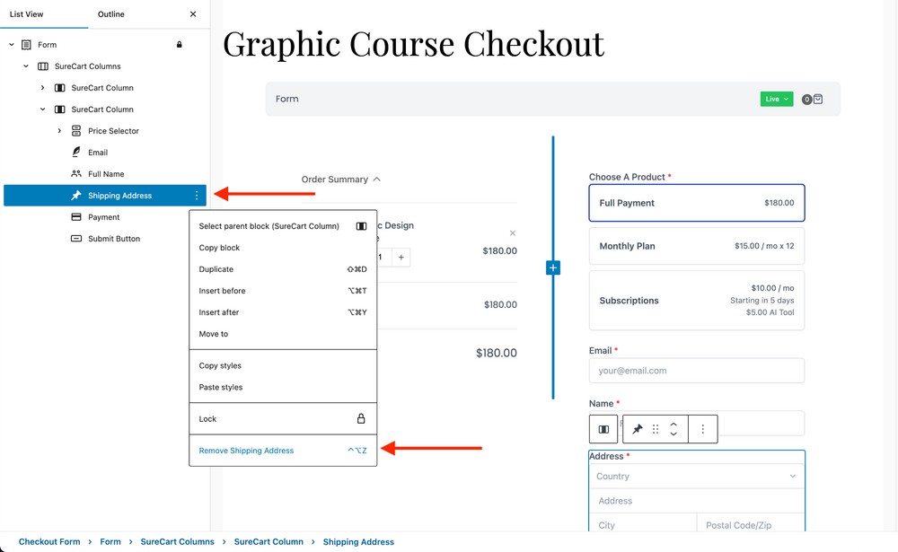 remove the shipping address from checkout form