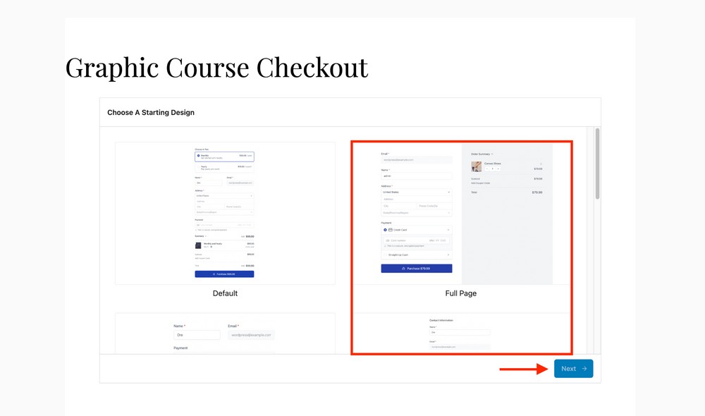 select the checkout form template