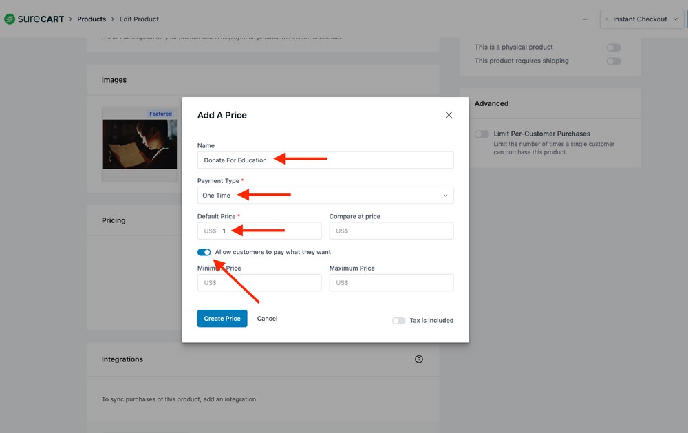 set pricing type and enable pay what customer want