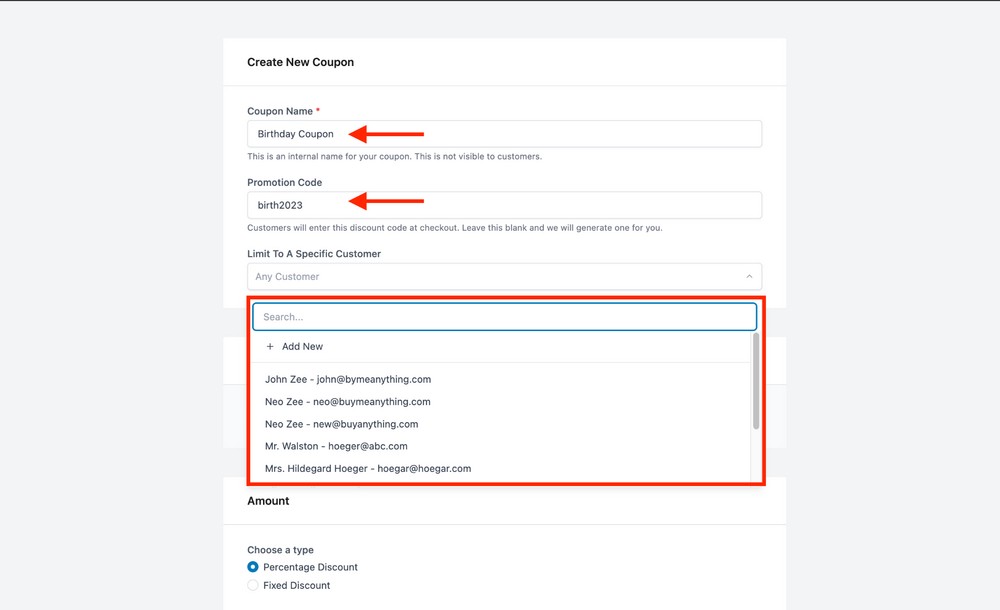 surecart coupon form: choose customer, name the coupon and promotion code