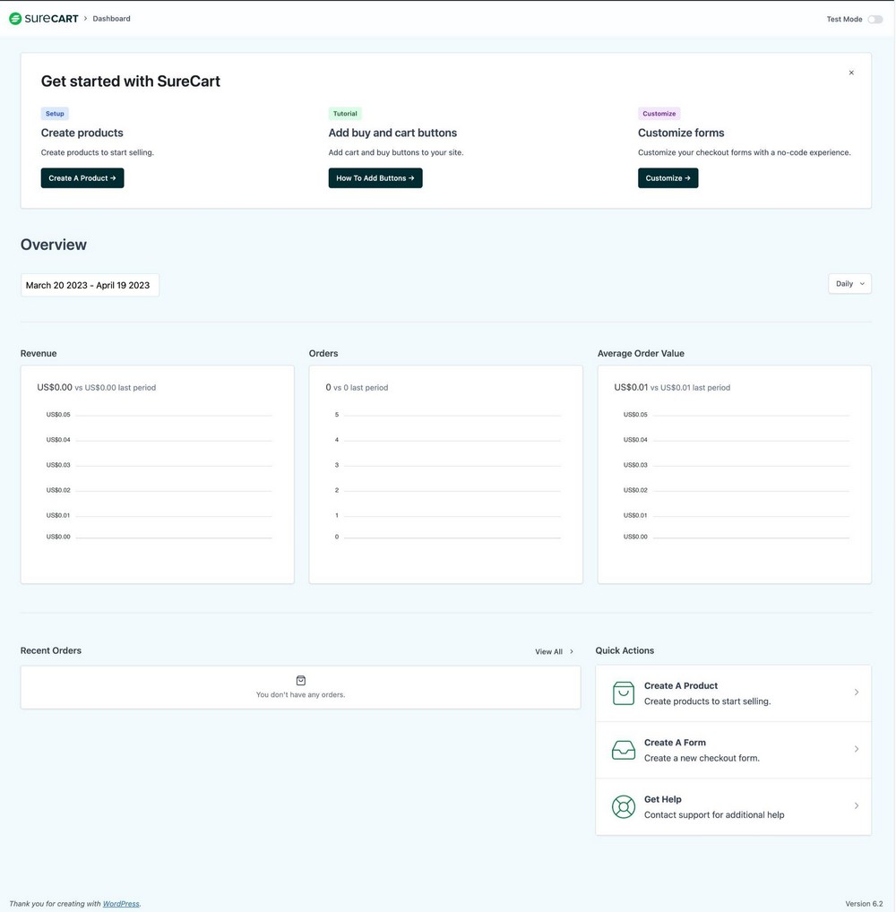 surecart dashboard after configuration