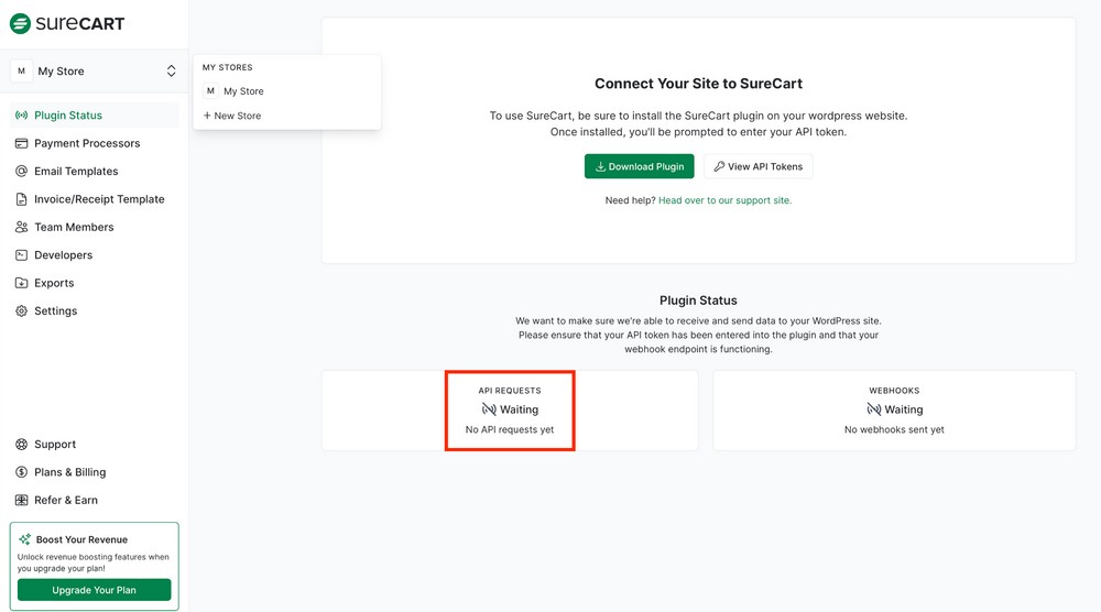 surecart dashboard api not connected