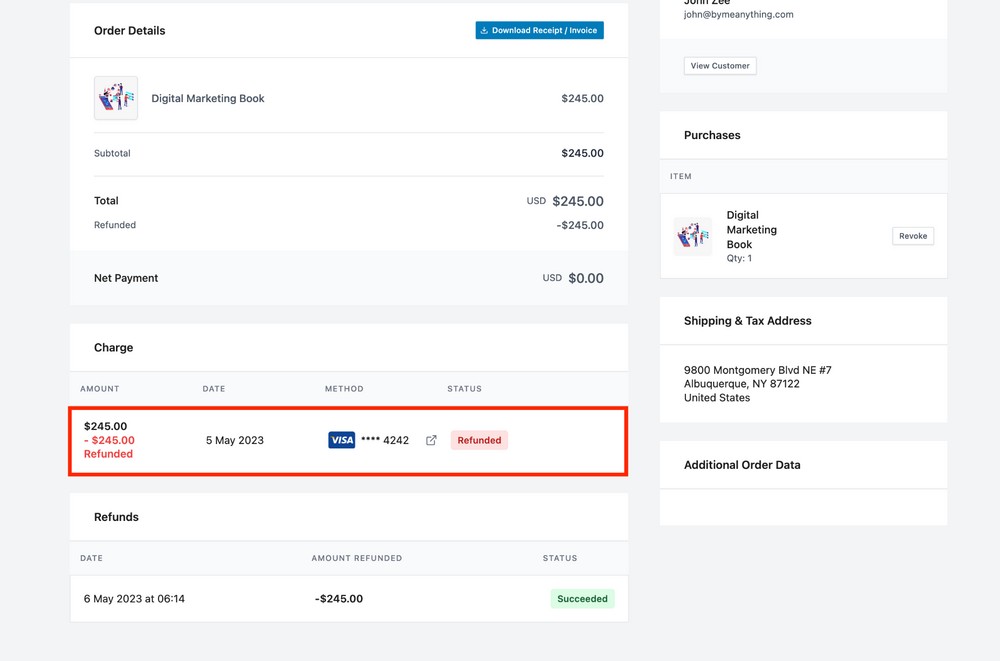 surecart refund issued status