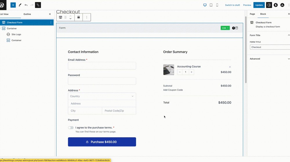 add checkout form in inner container