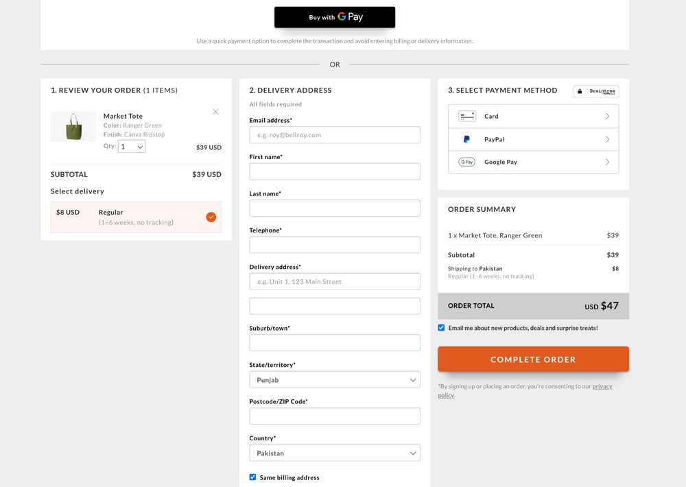 bellroy store: single page checkout example