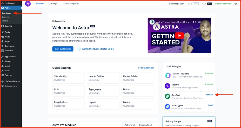 install surecart from astra dashboard