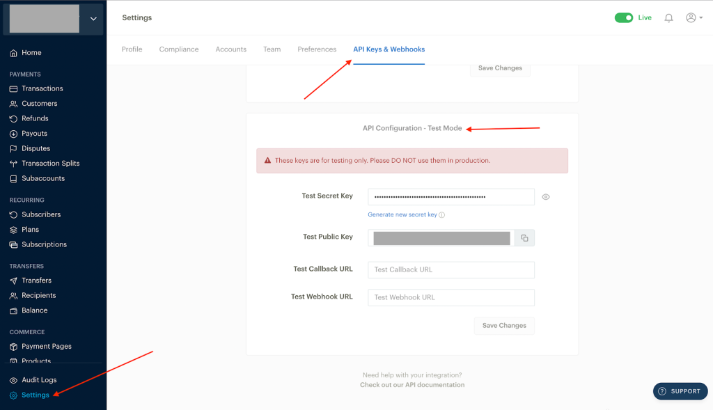 Set the Paystack in test mode 