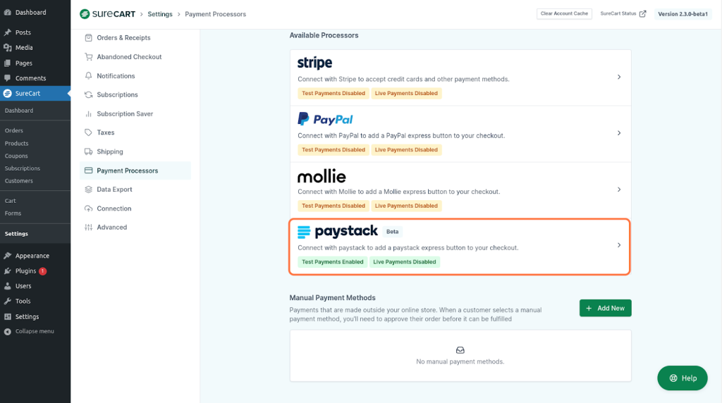 Live Payments Enabled shown on WordPress dashboard