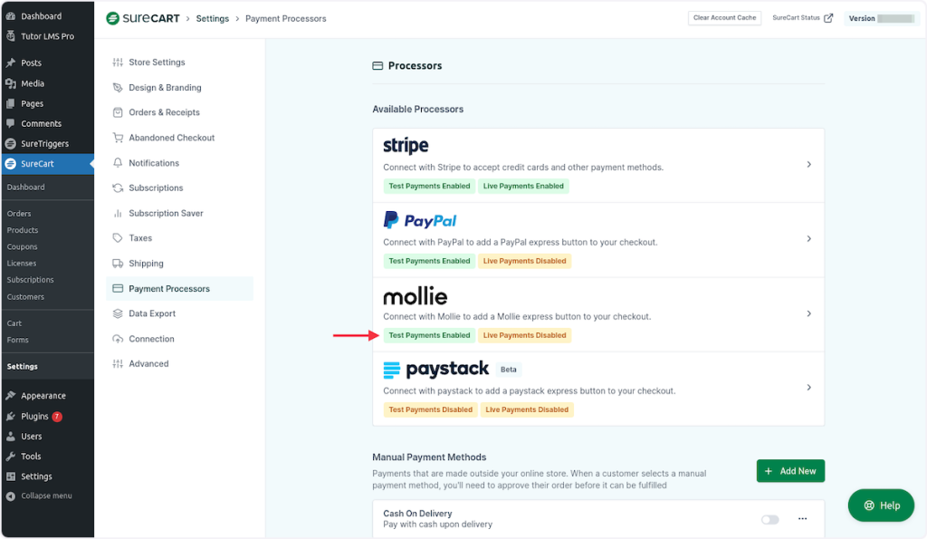 Mollie is shown as enabled on your WordPress dashboard