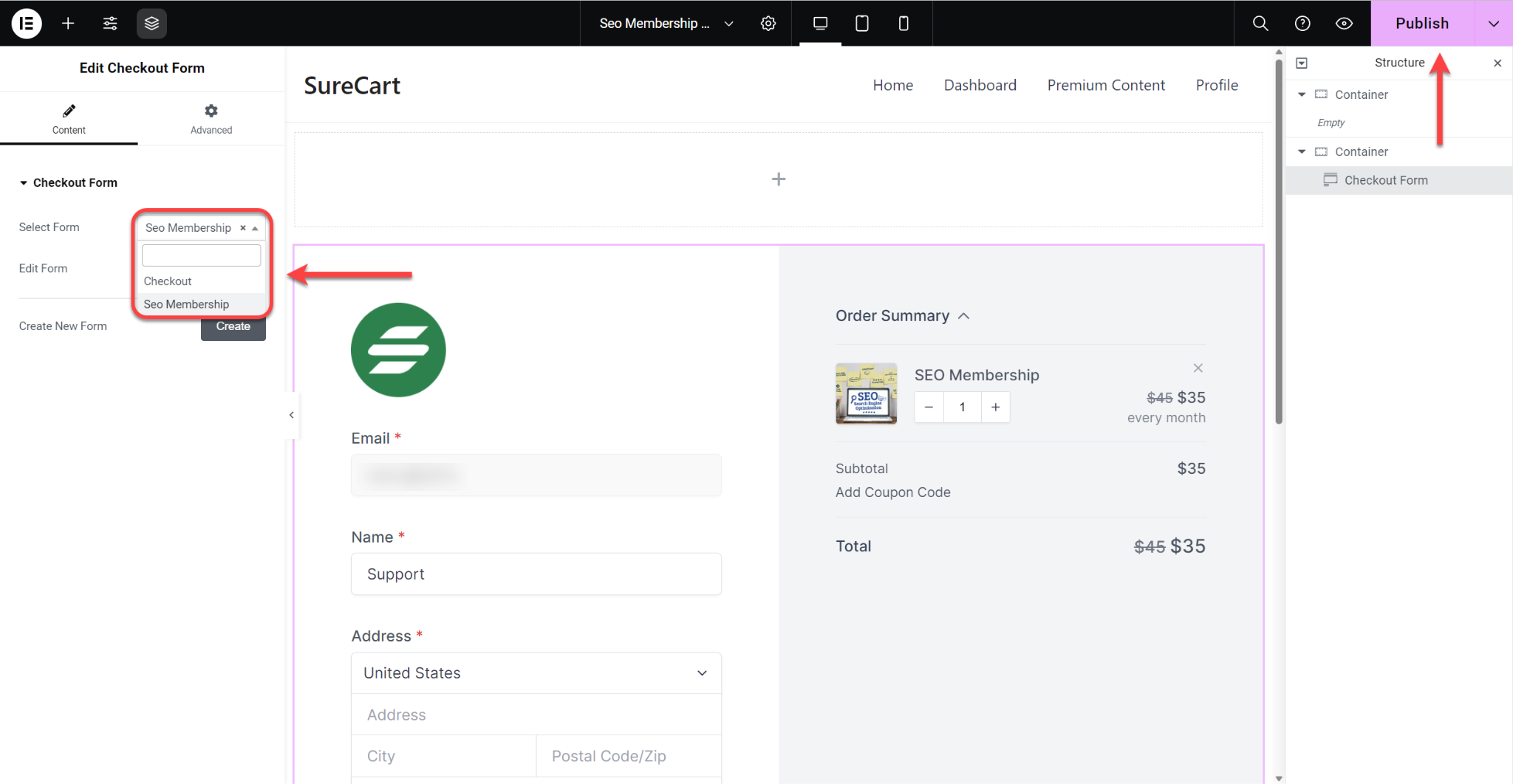 SureCart Choose Checkout form settings