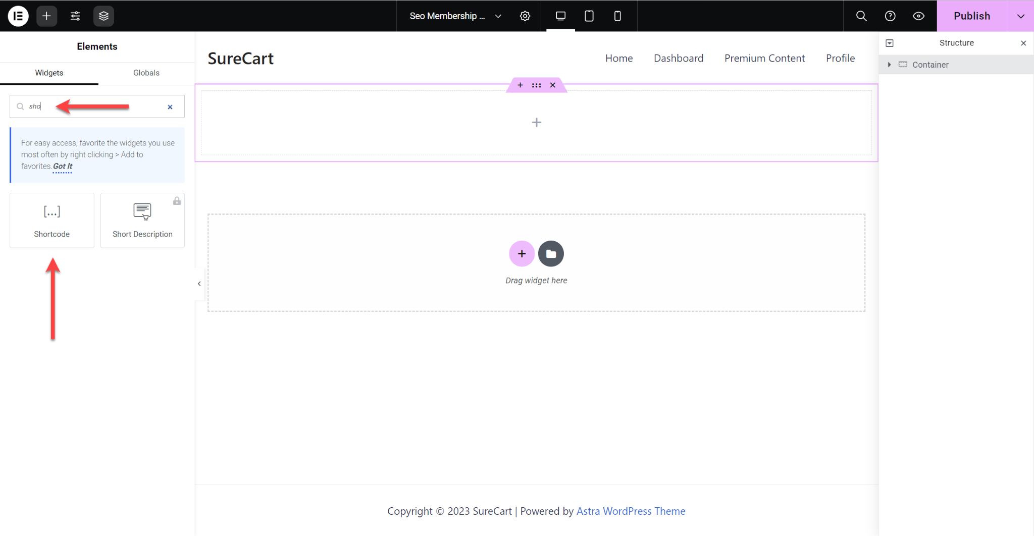 SureCart Elementor inser Shortcode widget