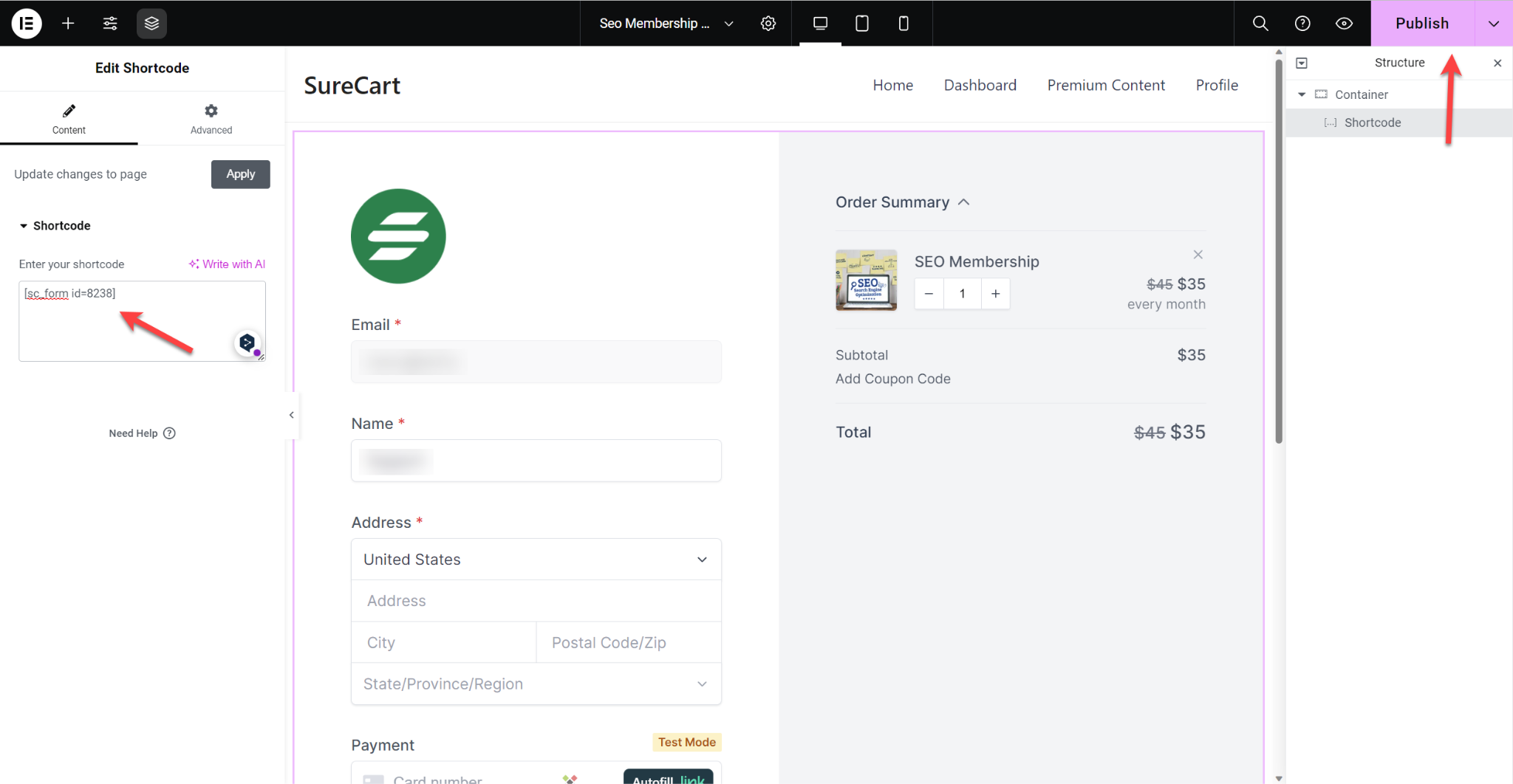 SureCart Elementor insert checkout form shortcode