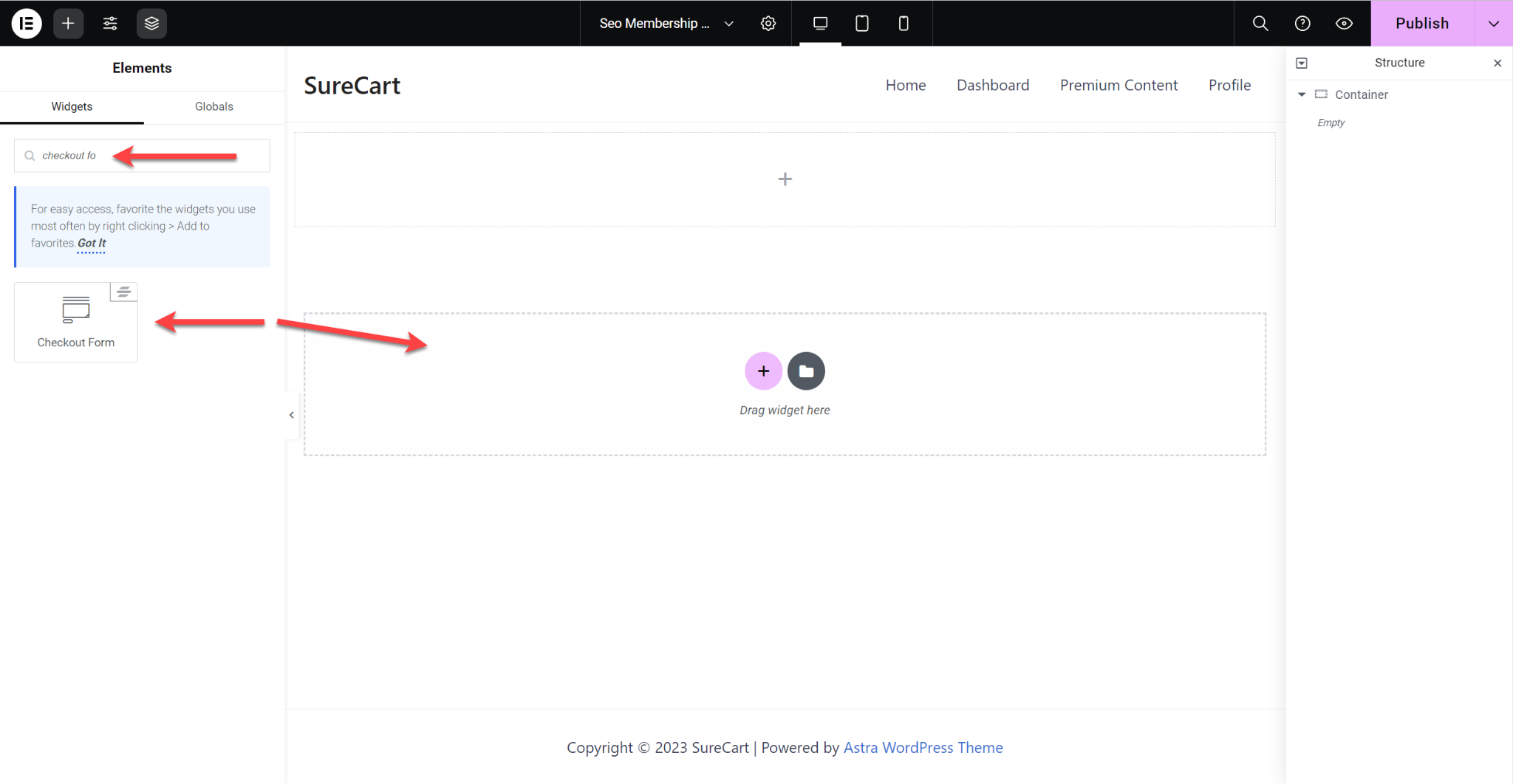 SureCart Elmeentor insert Checkout form widget