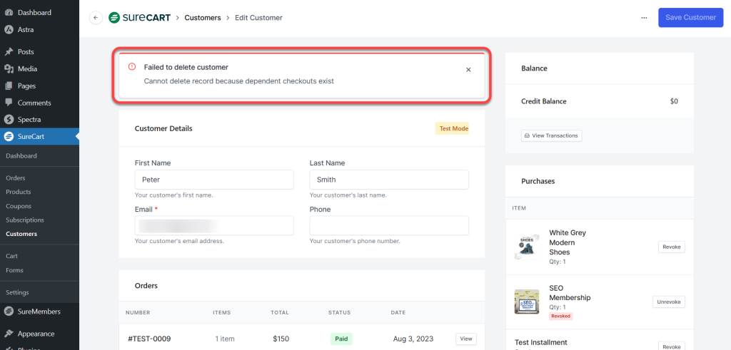 SureCart Failed to delete customer