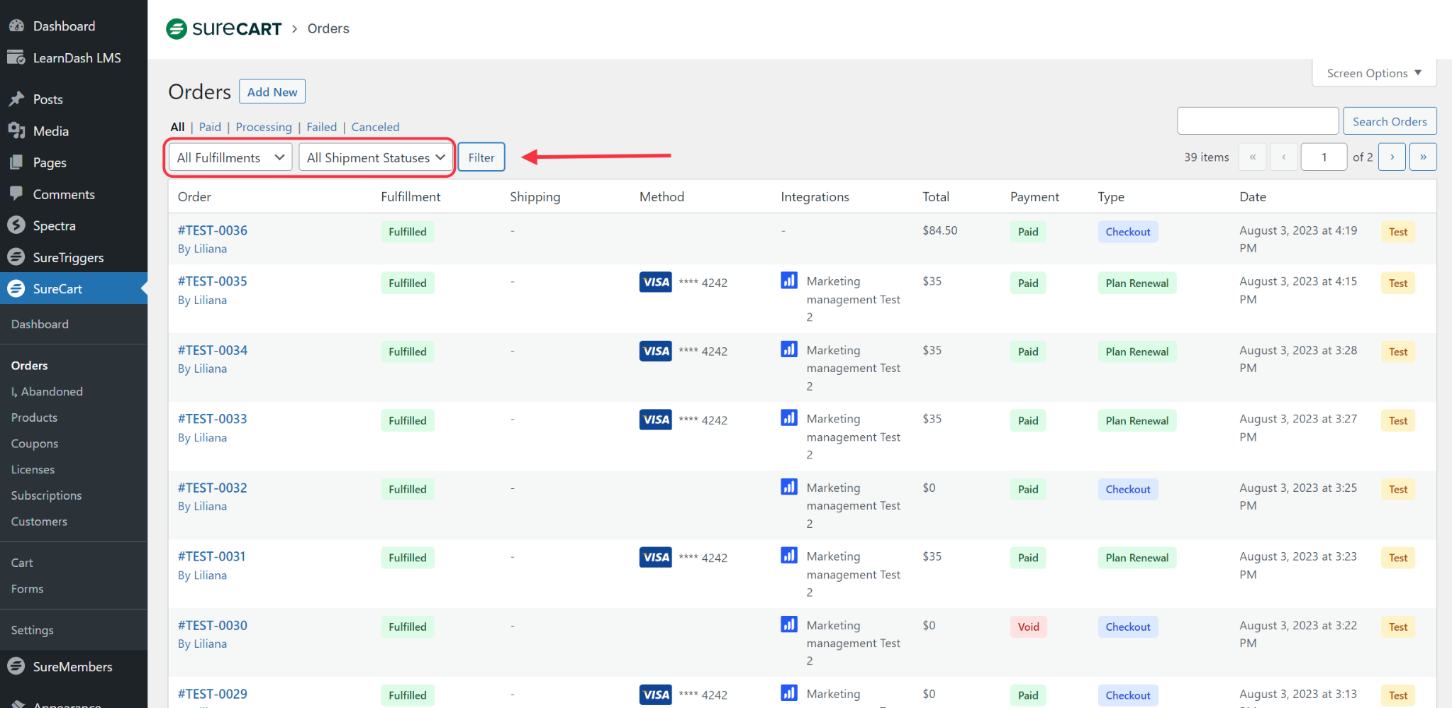 SureCart filter by Fulfillment status and Shipment Status