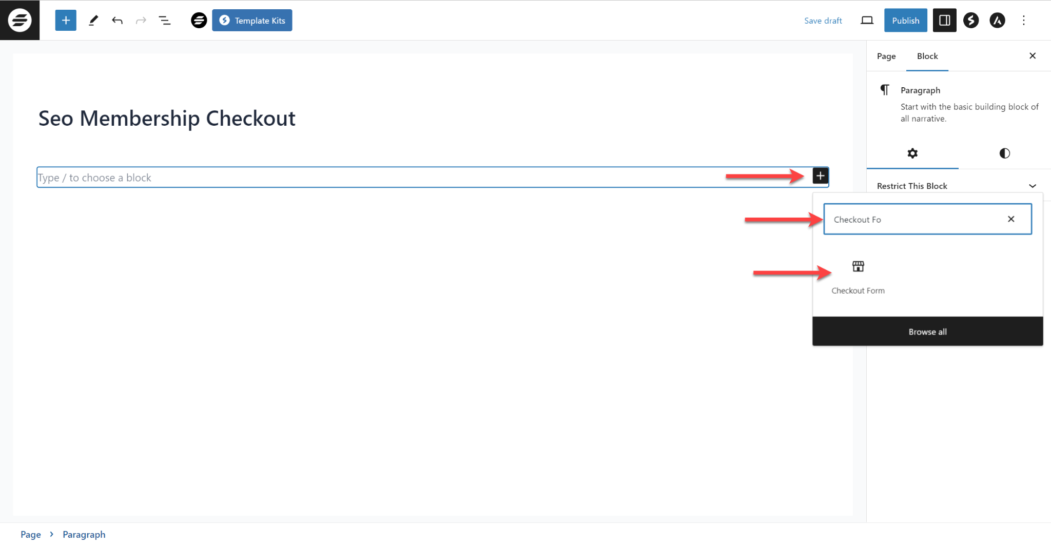 SureCart insert Checkout block / element