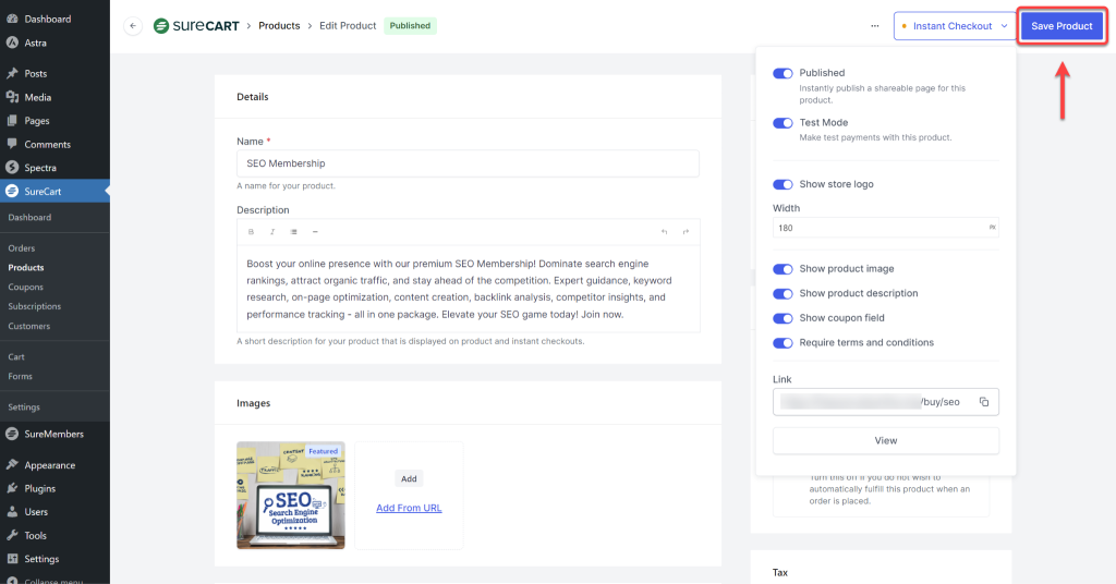 SureCart Instant Checkout Save Product