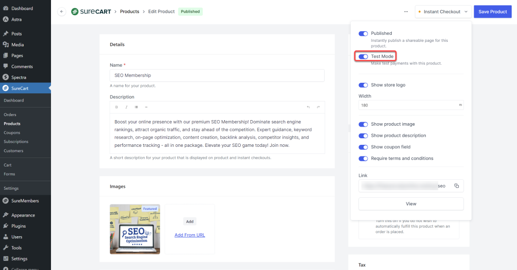 SureCart Instant Checkout Test mode