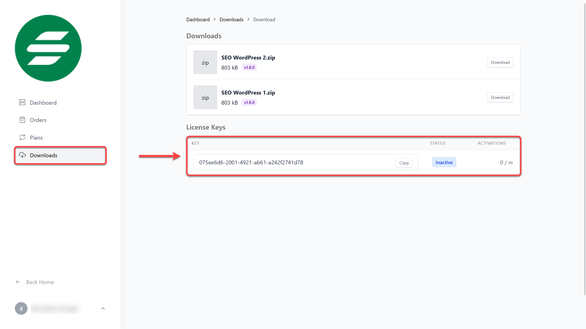 SureCart License Customer Dashboard