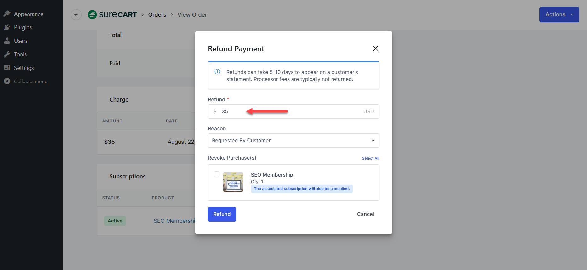 SureCart Orders Refund Amount