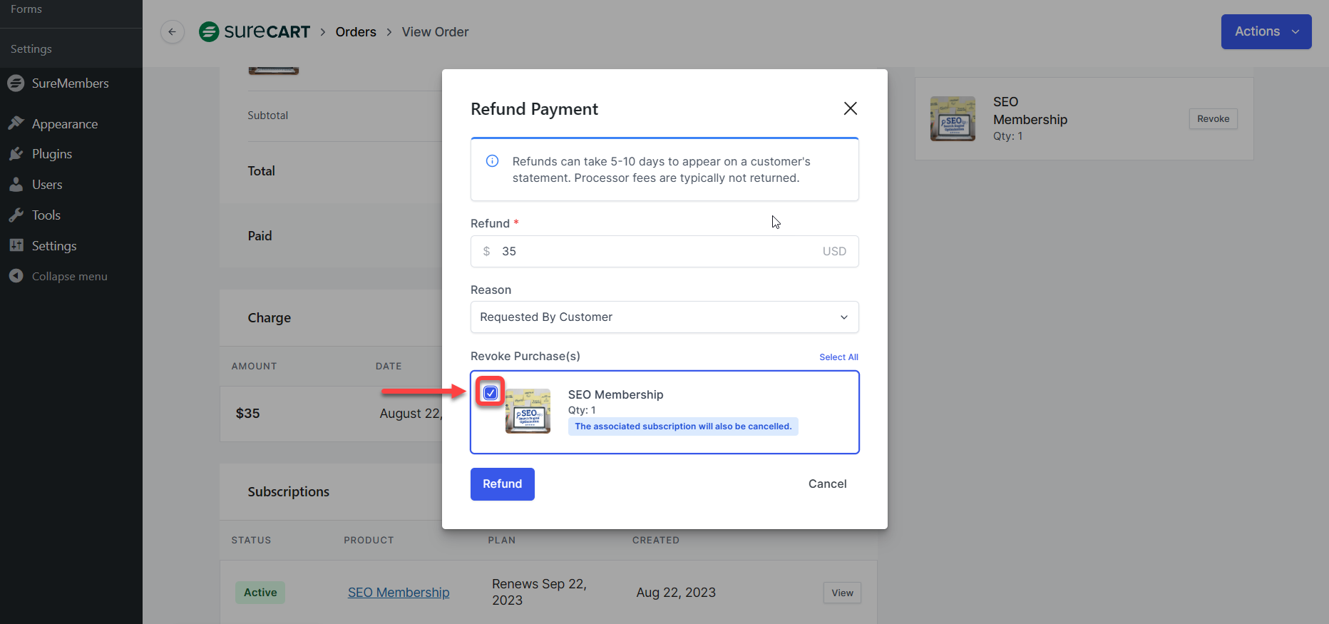 SureCart Orders Rrefund Revoke Purchases