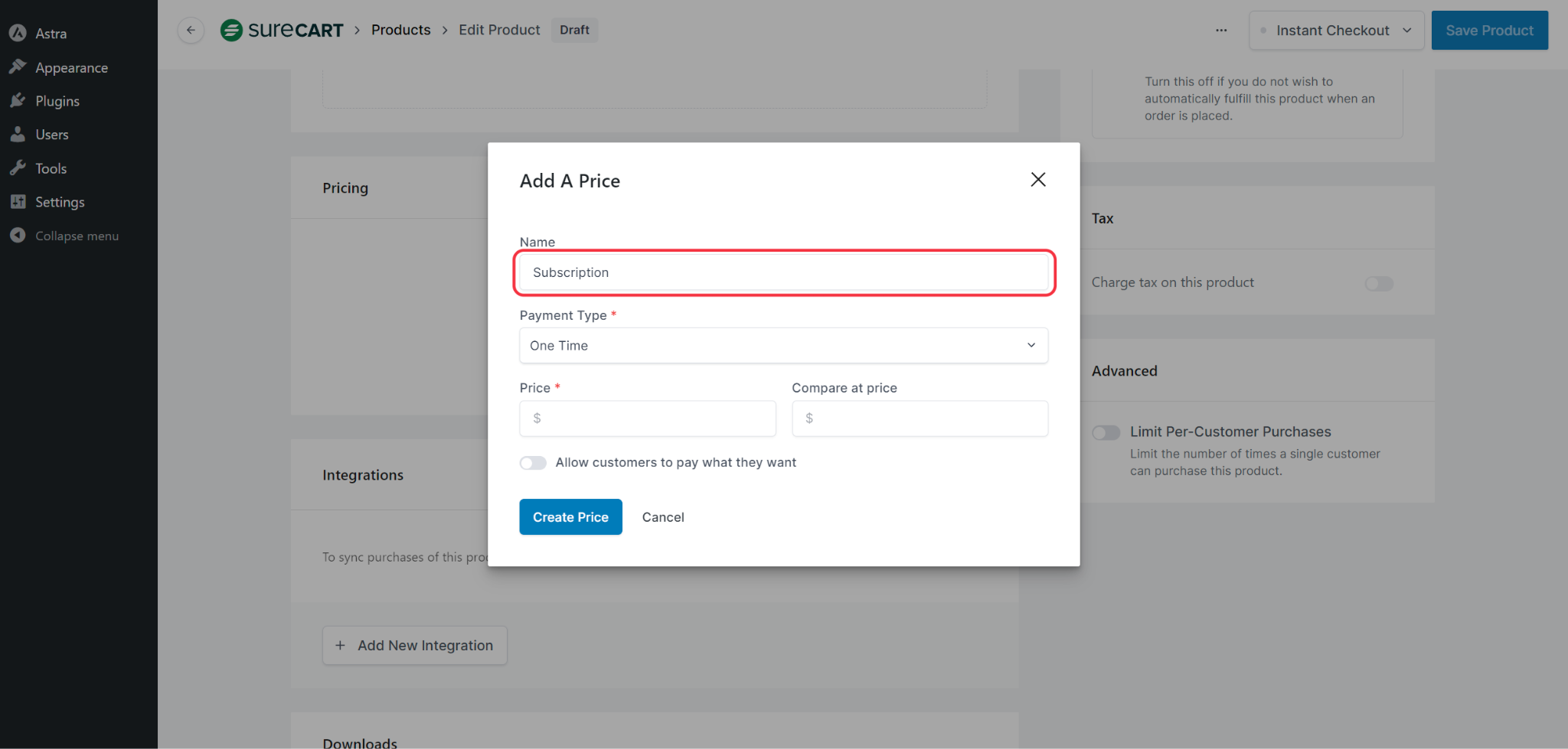 SureCart Product Add name for Payment Type