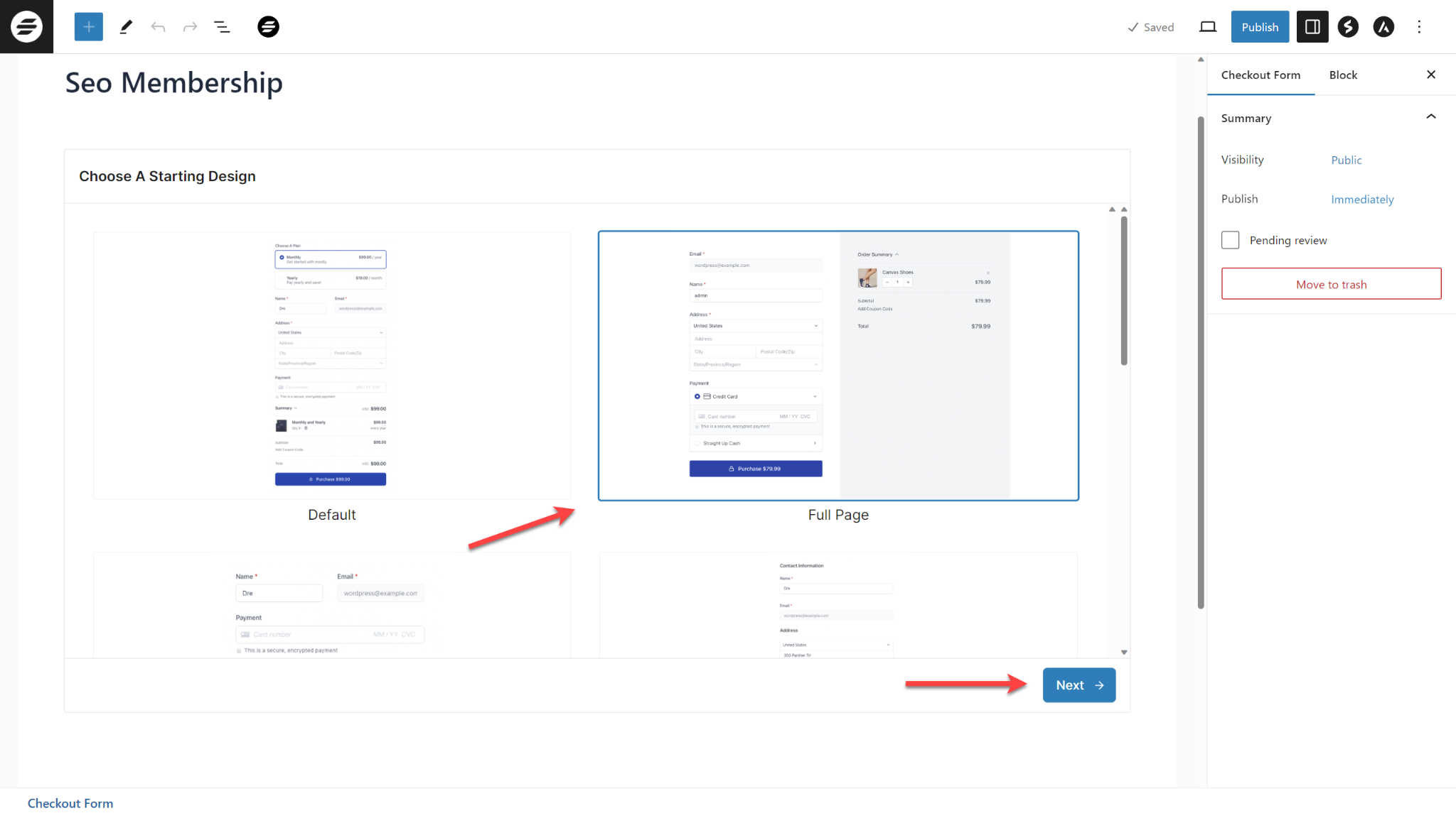 SureCart select a design for the form