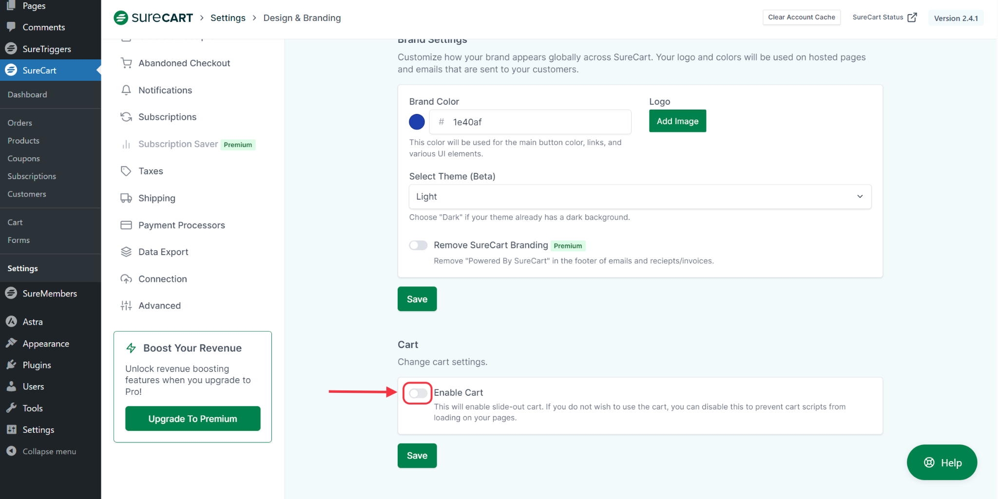 SureCart Slide Out Cart Enable Disable