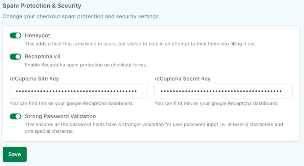 SureCart spam protection and security options