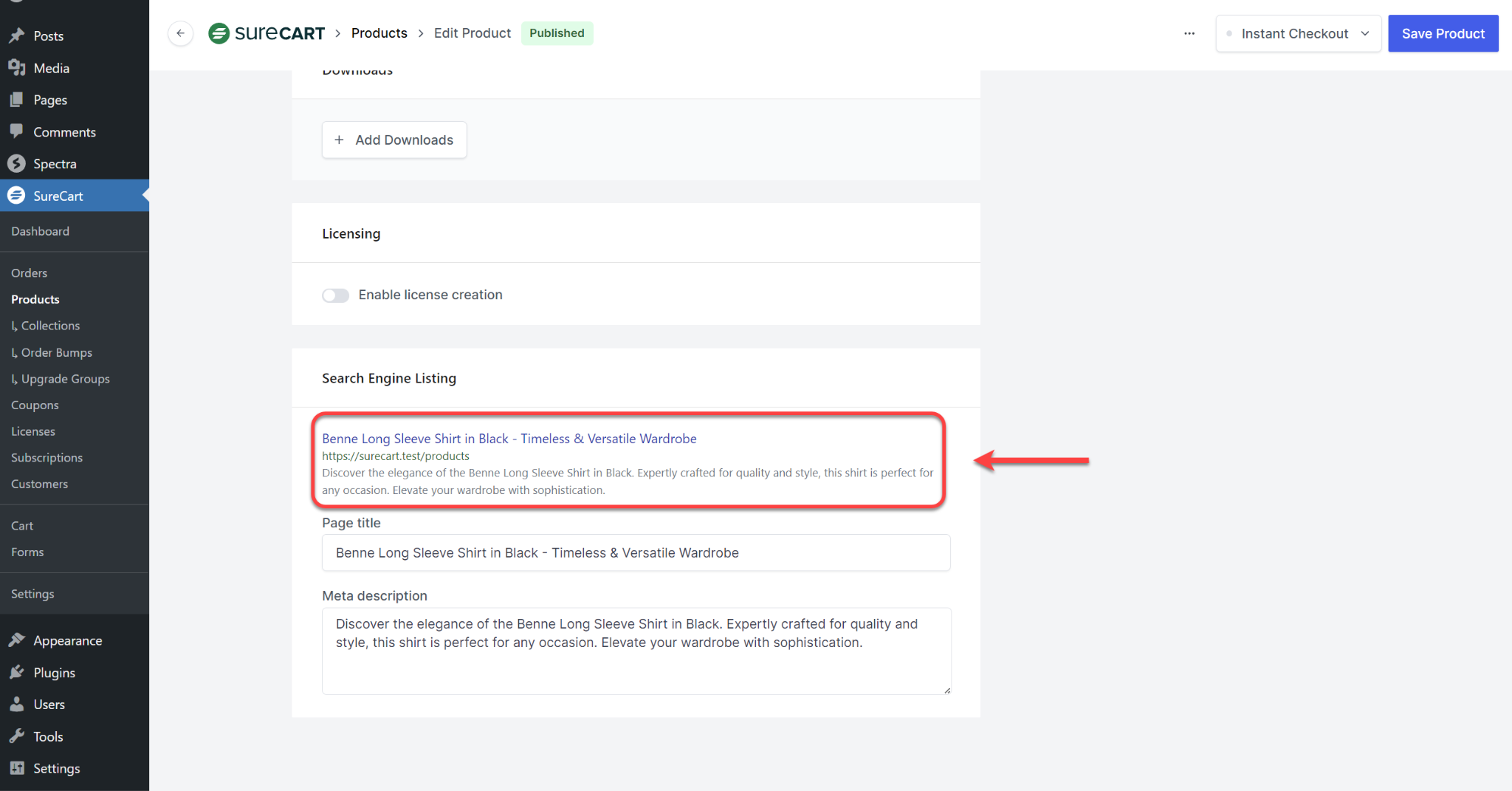 SureCart Add Product Title and MetaDescription for Search Engine listing for a product