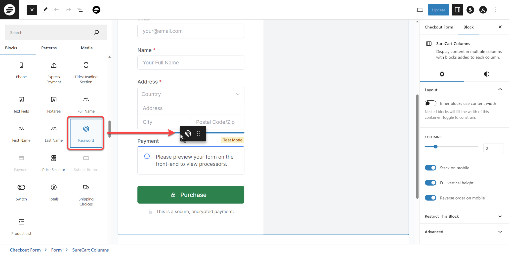 SureCart Checkout form add password block