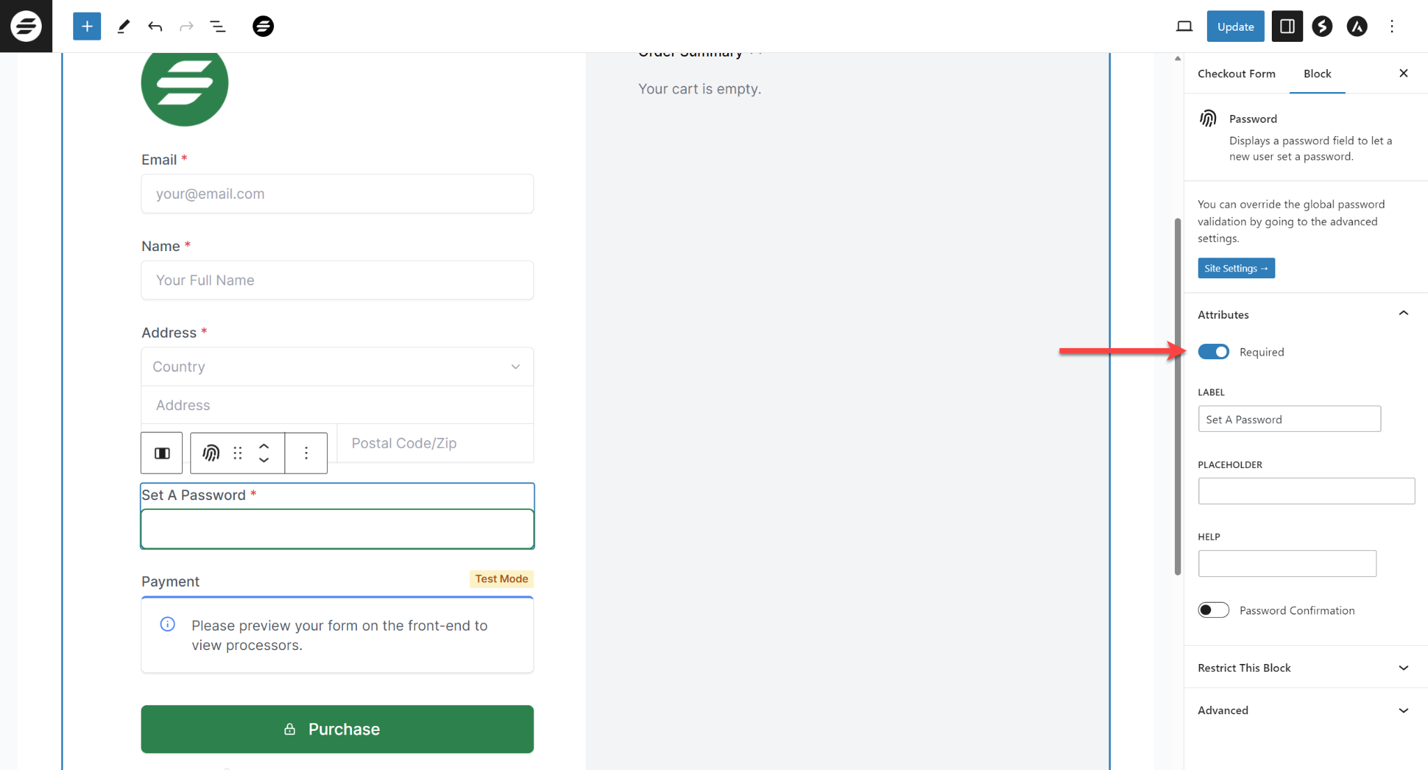 SureCart Checkout form customize password block