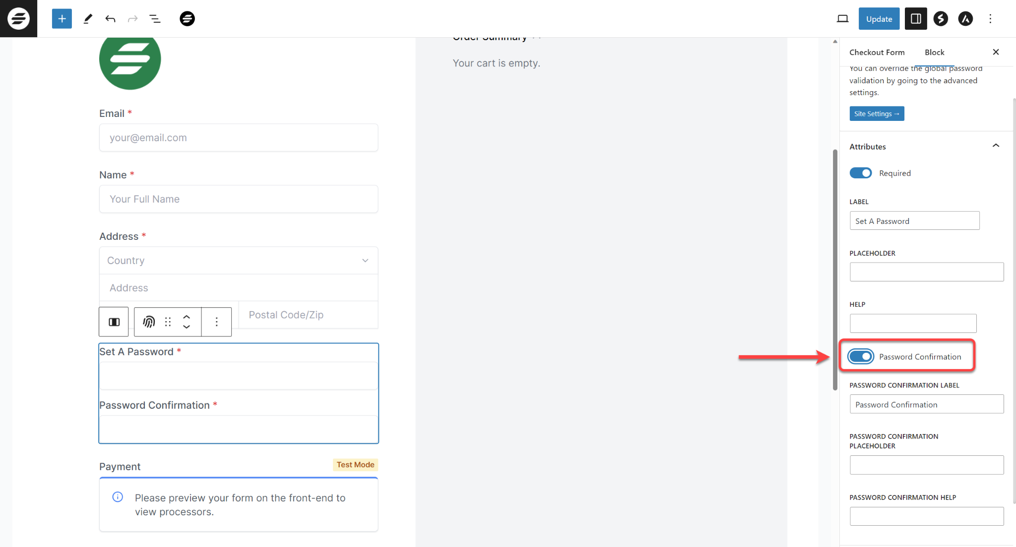 SureCart Checkout form password confirmation