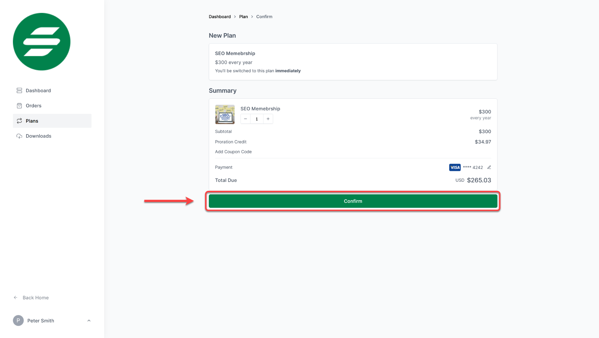 SureCart Customer Dashboard Change Plan Confirm button.