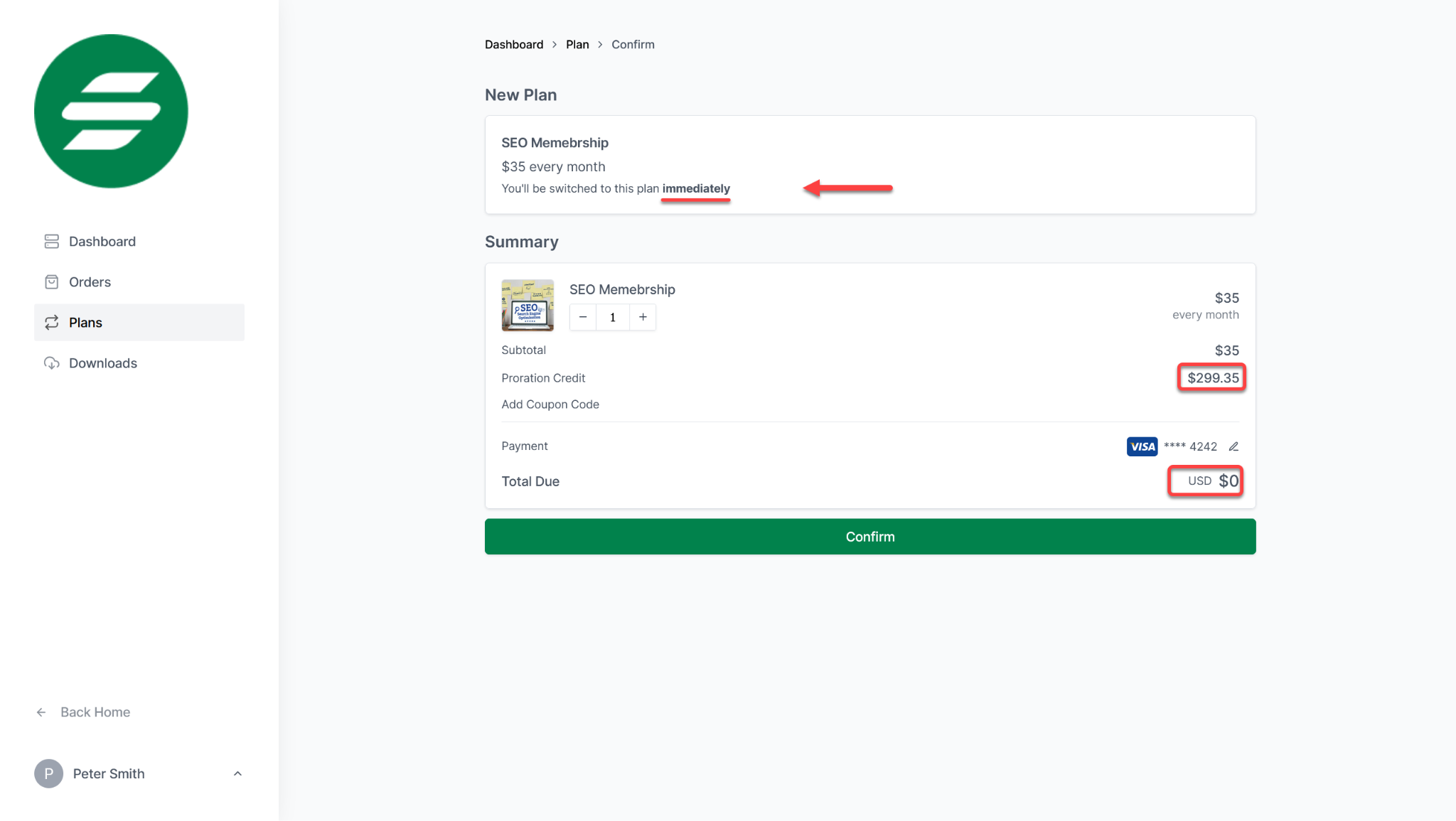 SureCart Customer Dashboard Downgrade plan immediately