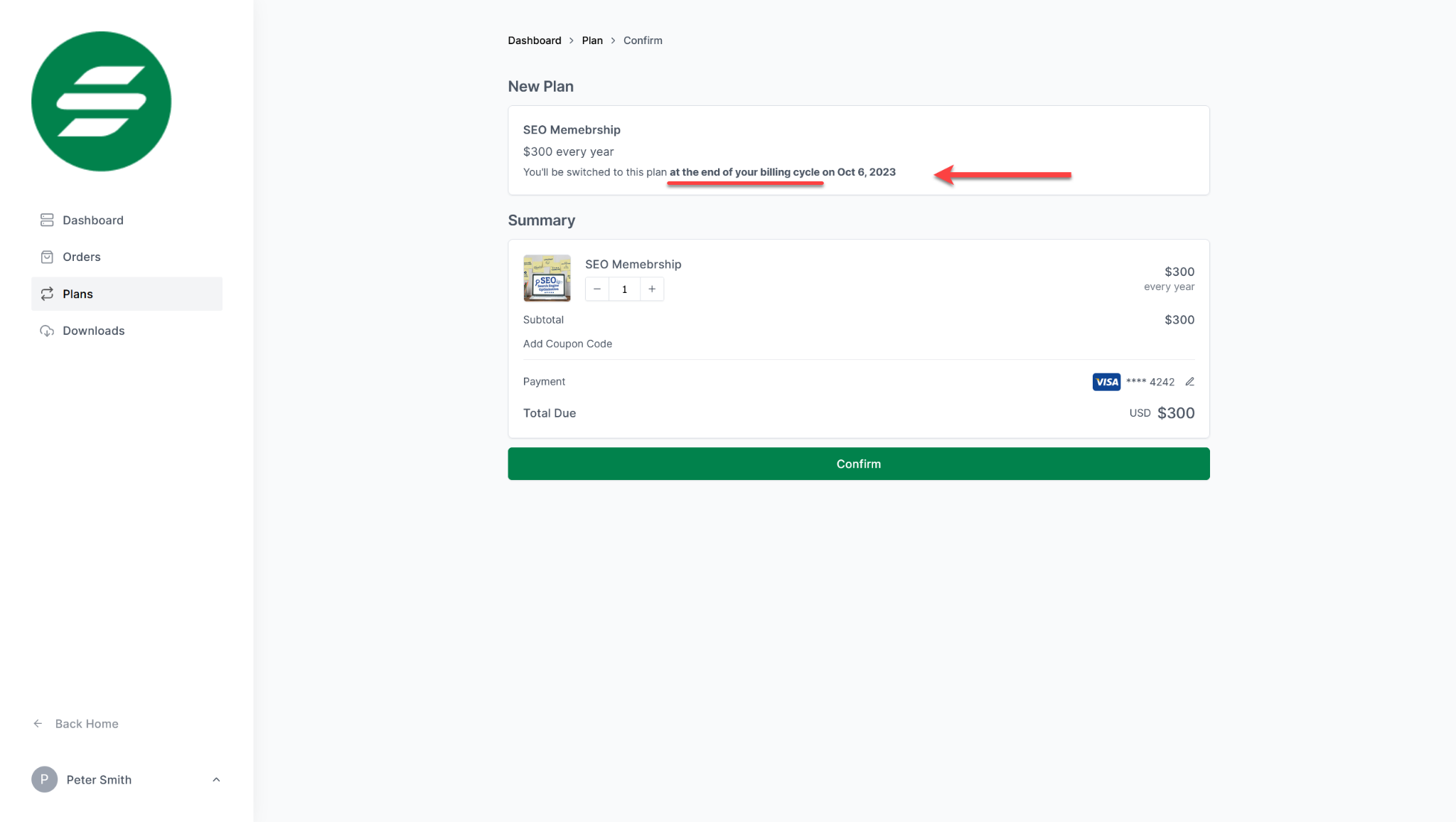 SureCart Customer Dashboard Plan switching ant the end of the billing cycle.