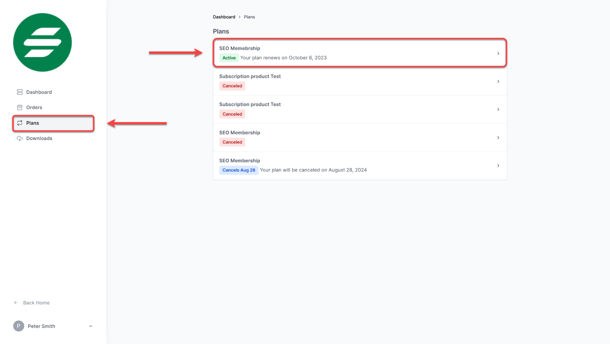 SureCart Customer Dashboard Plans