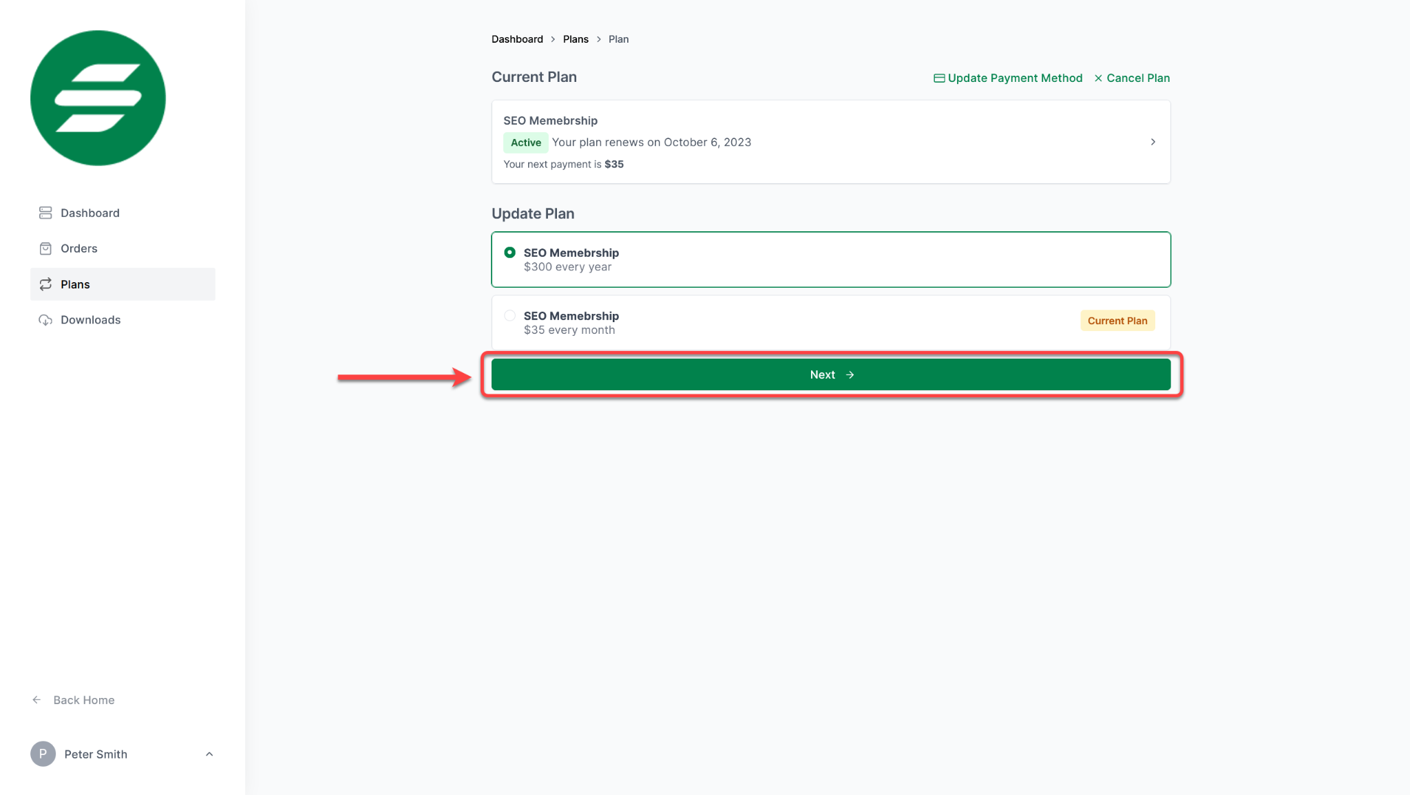 SureCart Customer Dashboard Upgrade Plan next button